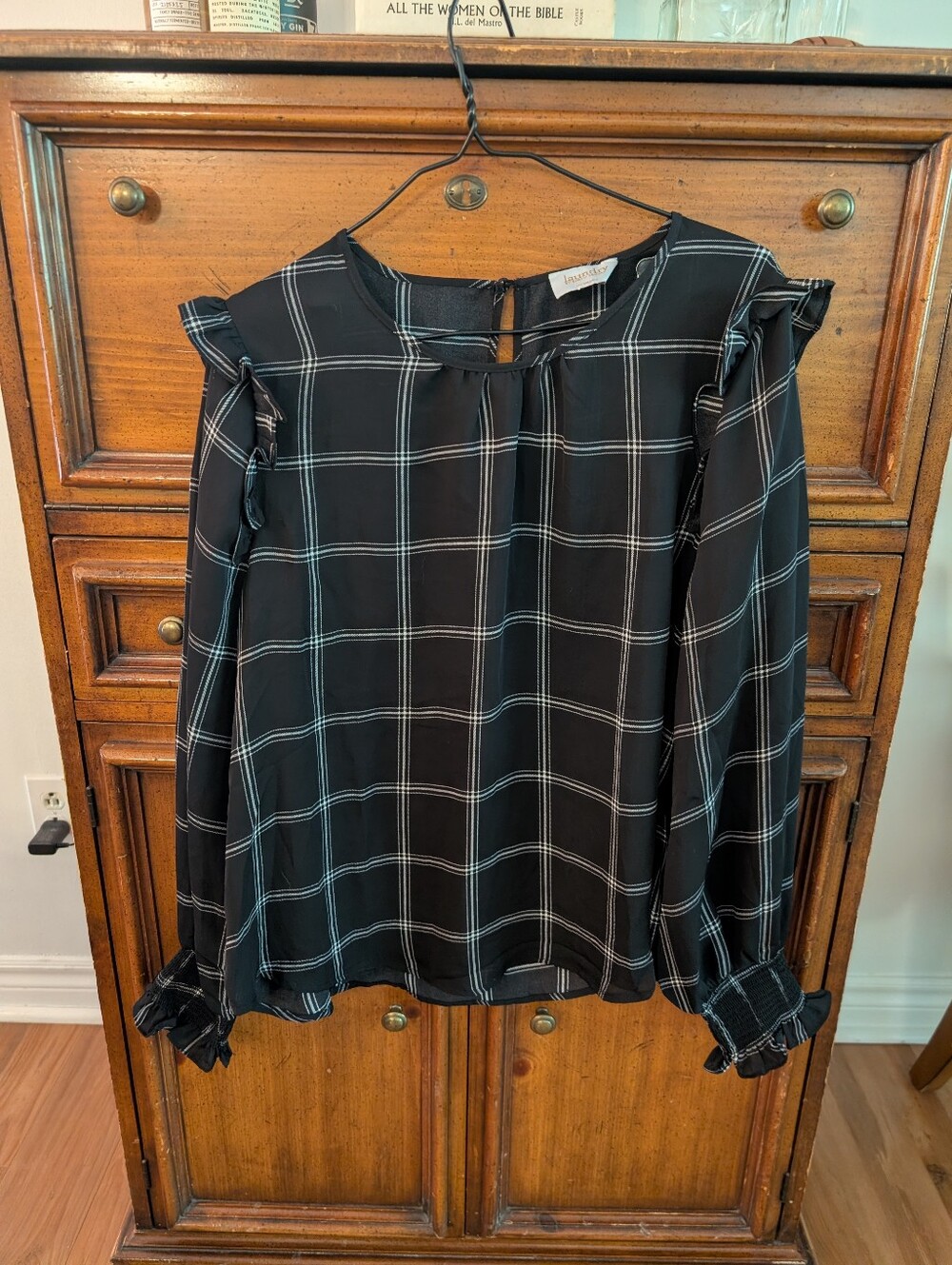 Ladies Windowpane Check Ruffle Shoulder Blouse